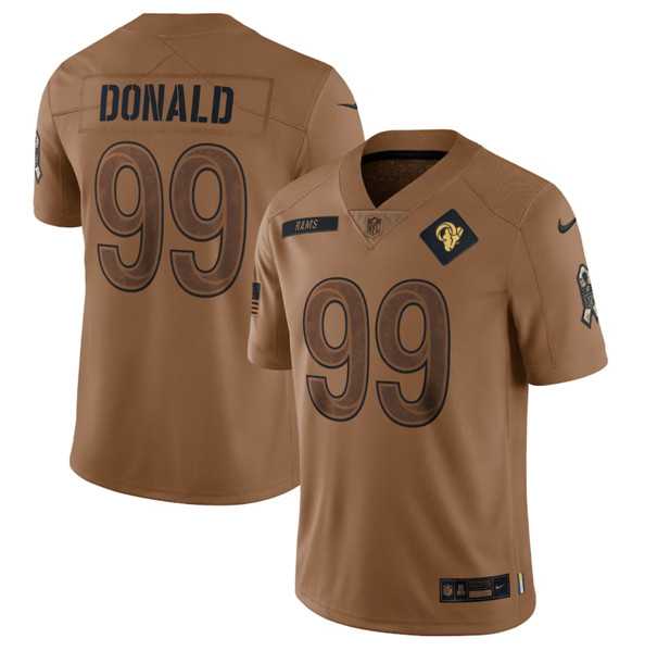 Men%27s Los Angeles Rams #99 Aaron Donald 2023 Brown Salute To Service Limited Football Stitched Jersey Dyin